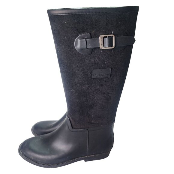 London Fog Mixed Media Flocked Leather & Rubber Knee High Boots Black Size 9-9.5 - Picture 4 of 12